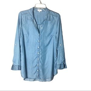 Crown & Ivy Long Sleeve hi/lo Button Down Denim Top